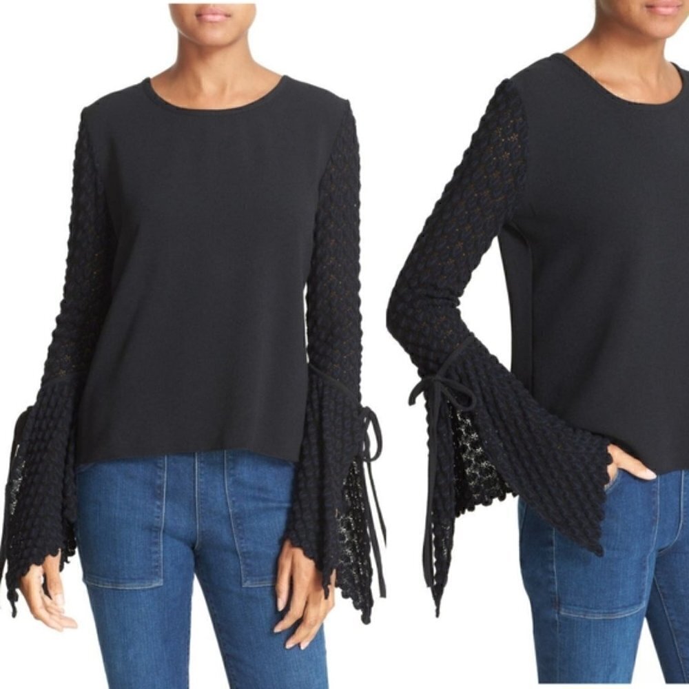 See By Chloe Black Knitted Crochet‎ Flare Bell Sleeve Knit Blouse 36/S